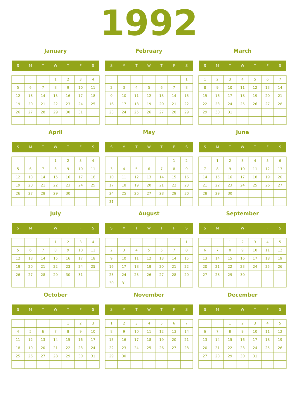 Printable 1992 Year Calendars chartreuse
