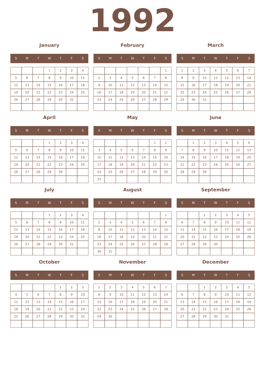 Printable 1992 Year Calendars coffe