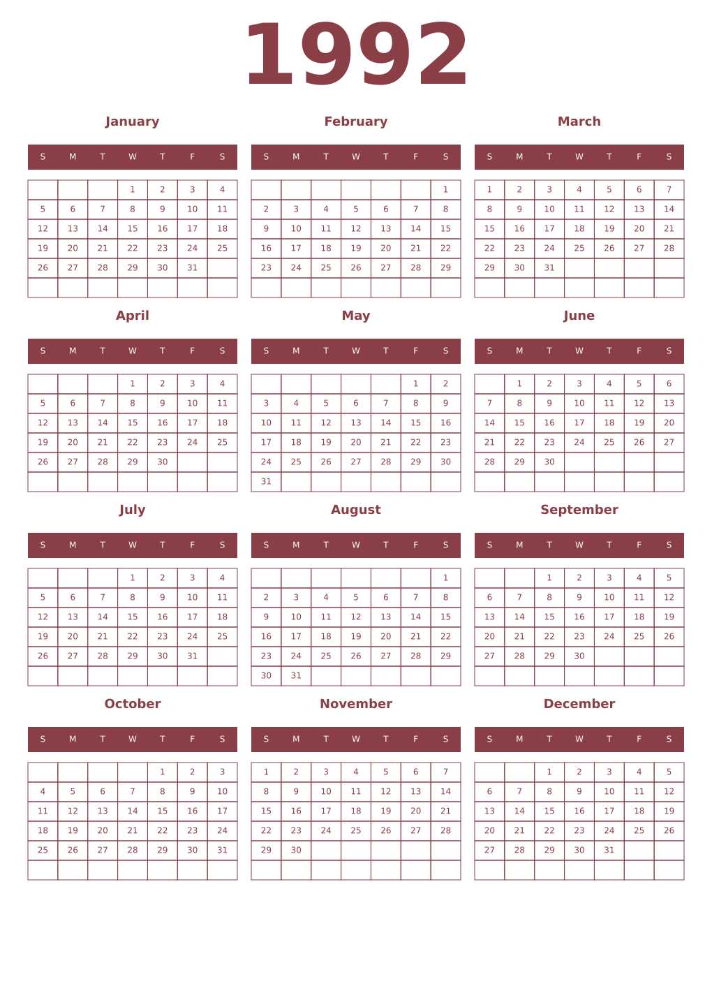 Printable 1992 Year Calendars cordovan
