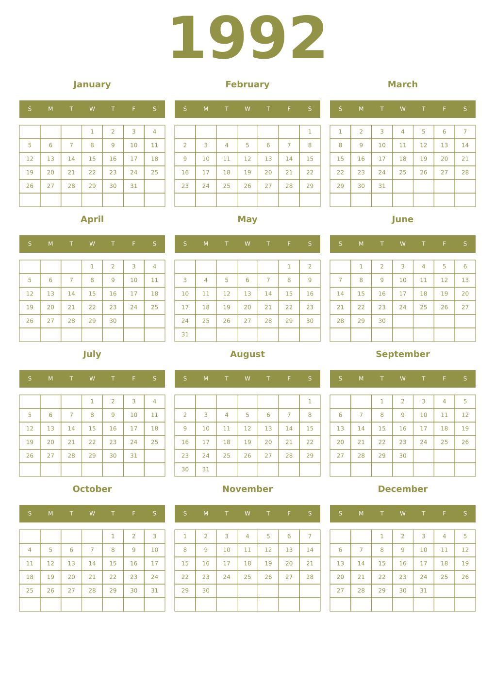 Printable 1992 Year Calendars eburnean