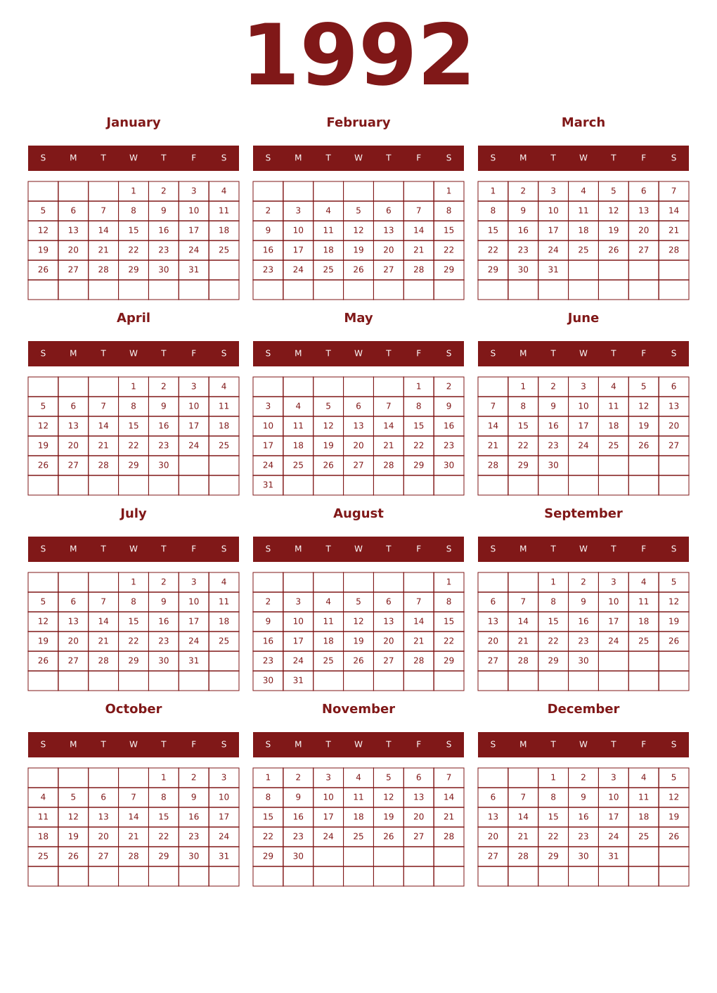 Printable 1992 Year Calendars falu