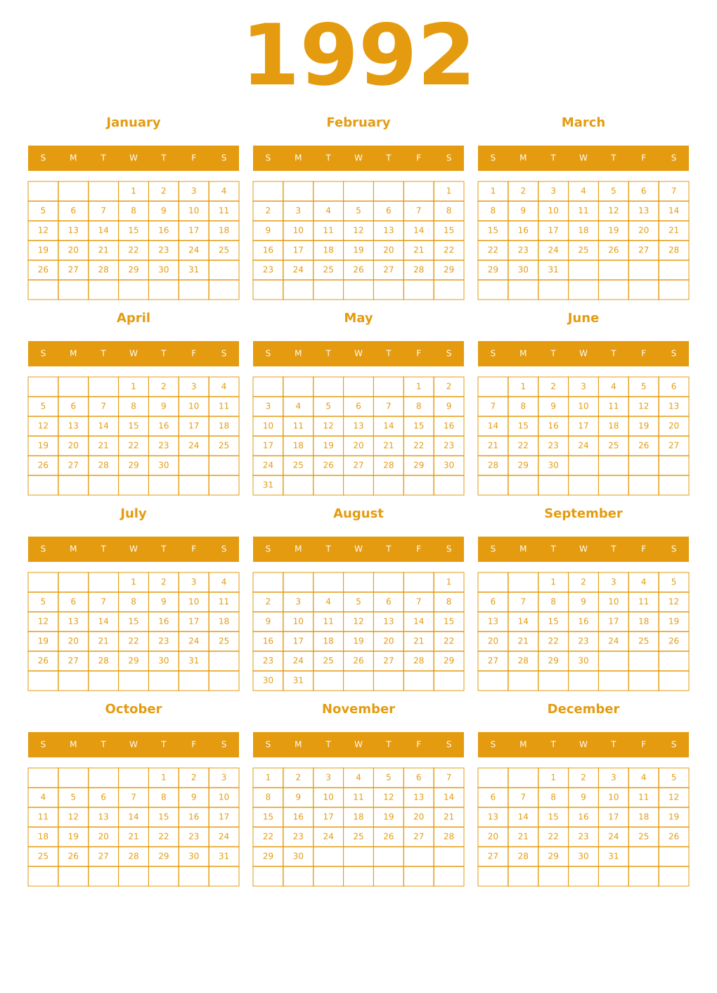 Printable 1992 Year Calendars gamboge