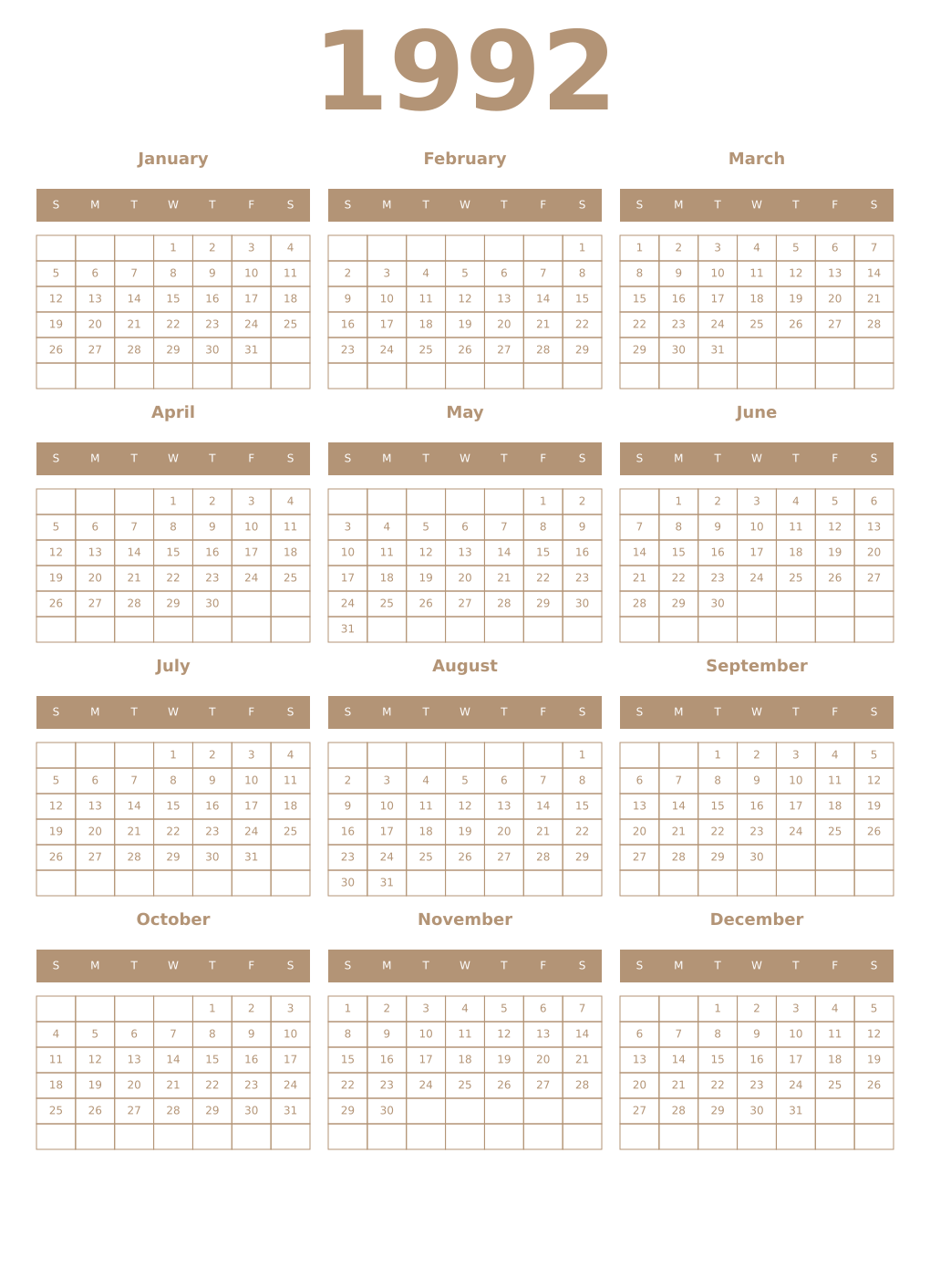 Printable 1992 Year Calendars isabelline