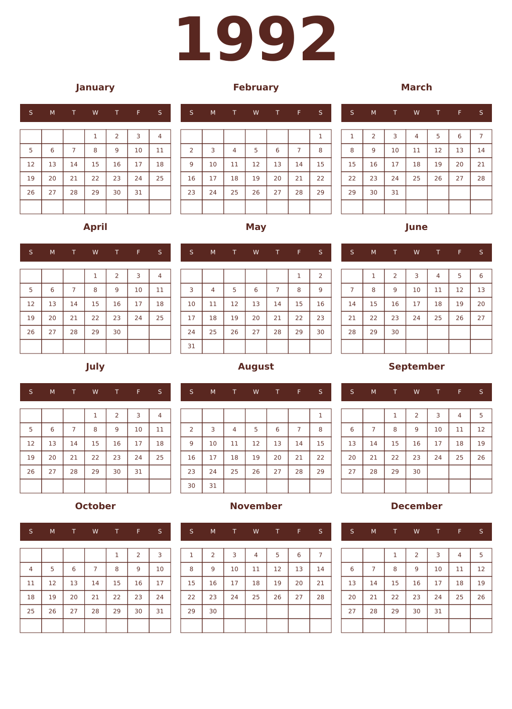 Printable 1992 Year Calendars mortuum
