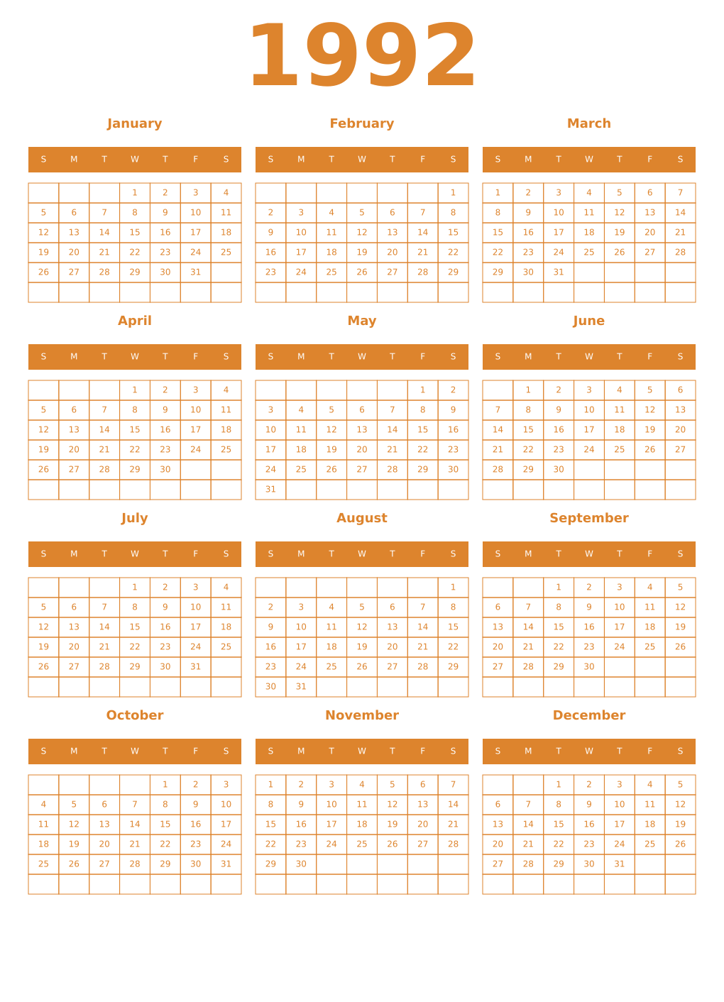 Printable 1992 Year Calendars orange