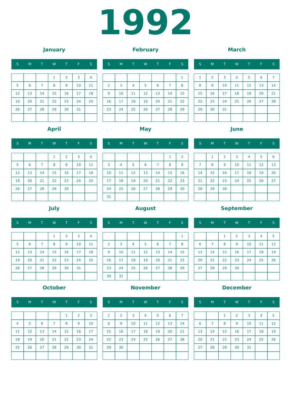 Printable 1992 Year Calendars pastel
