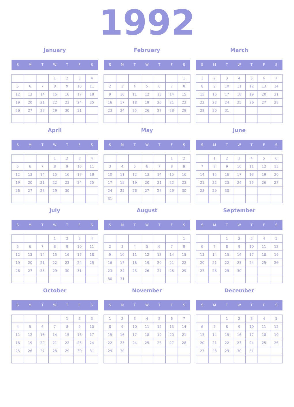 Printable 1992 Year Calendars periwinkle
