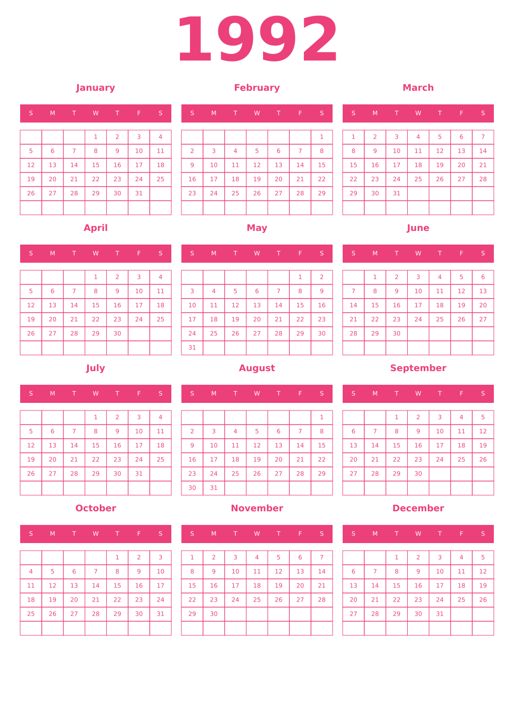 Printable 1992 Year Calendars pink