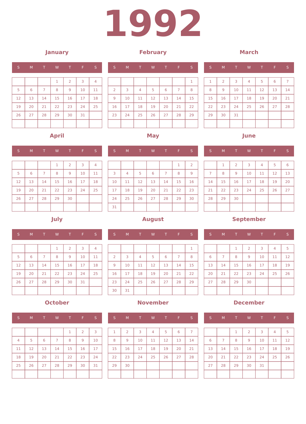 Printable 1992 Year Calendars puce