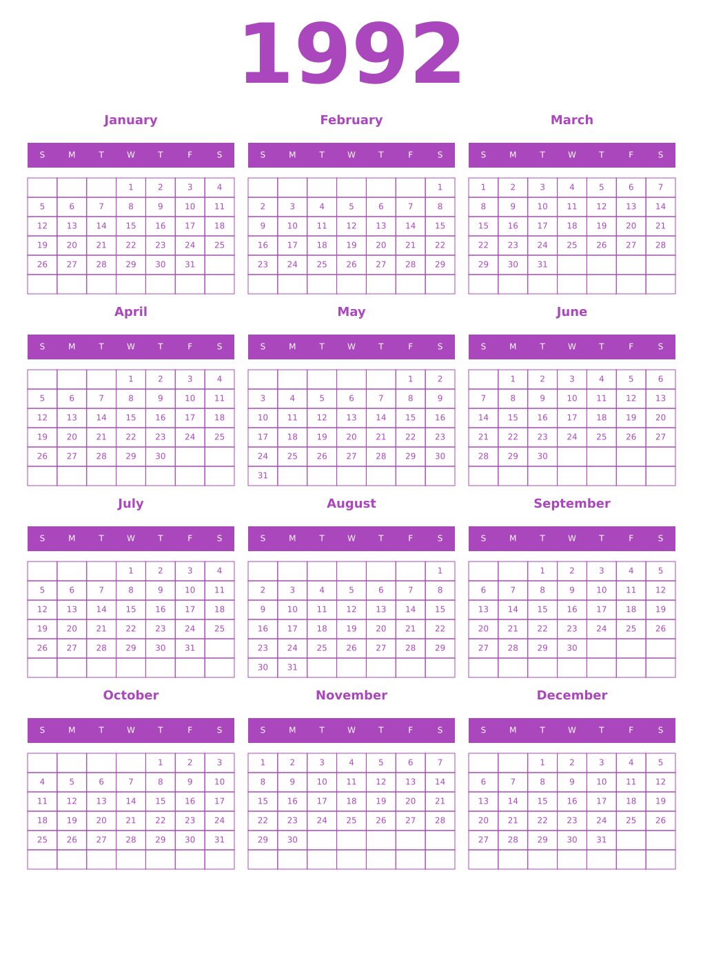 Printable 1992 Year Calendars purple