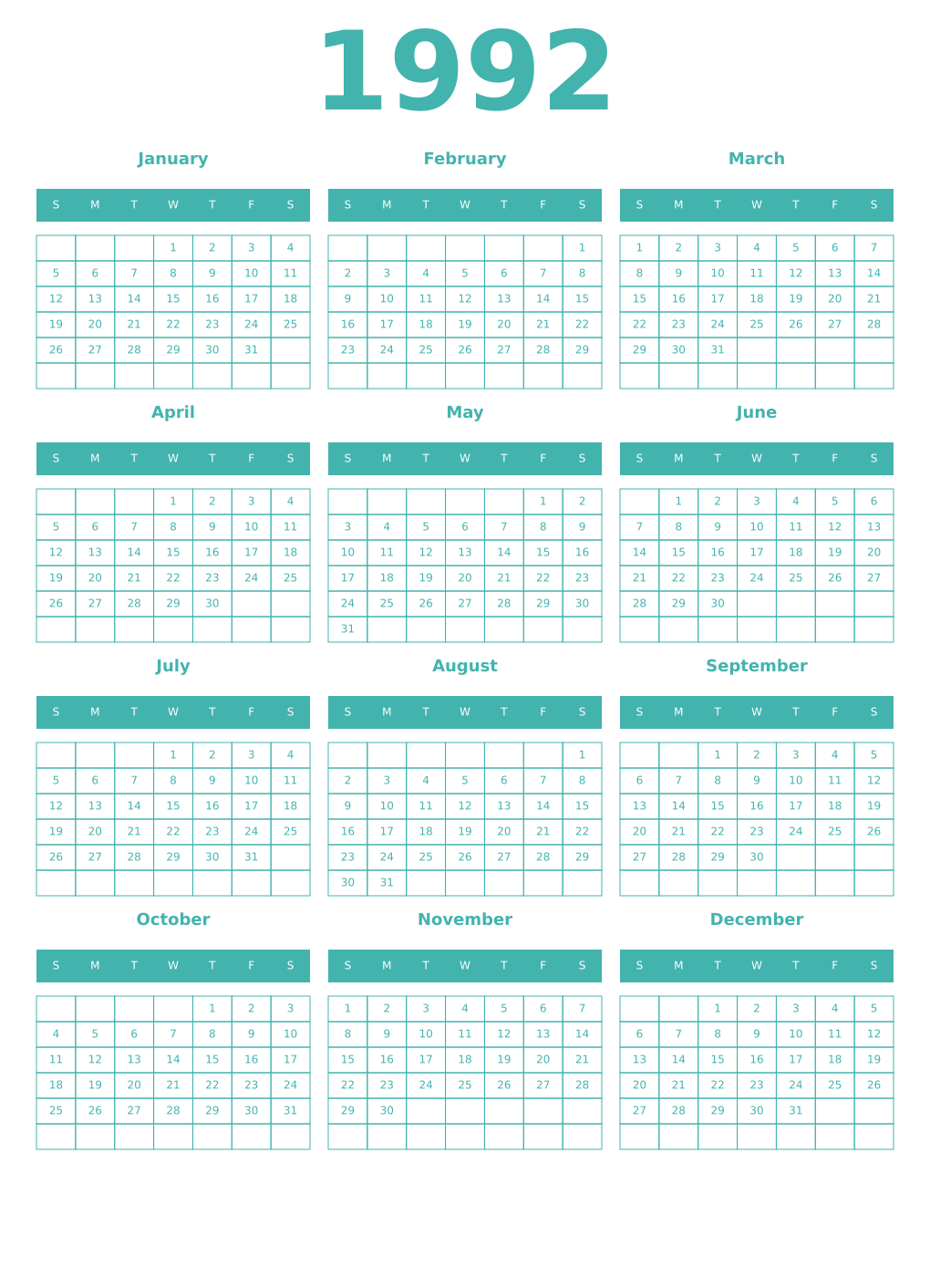 Printable 1992 Year Calendars verdigris