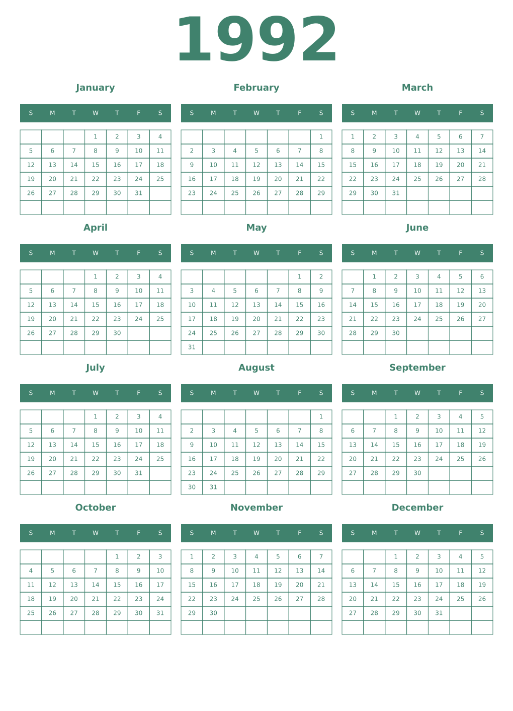 Printable 1992 Year Calendars viridian