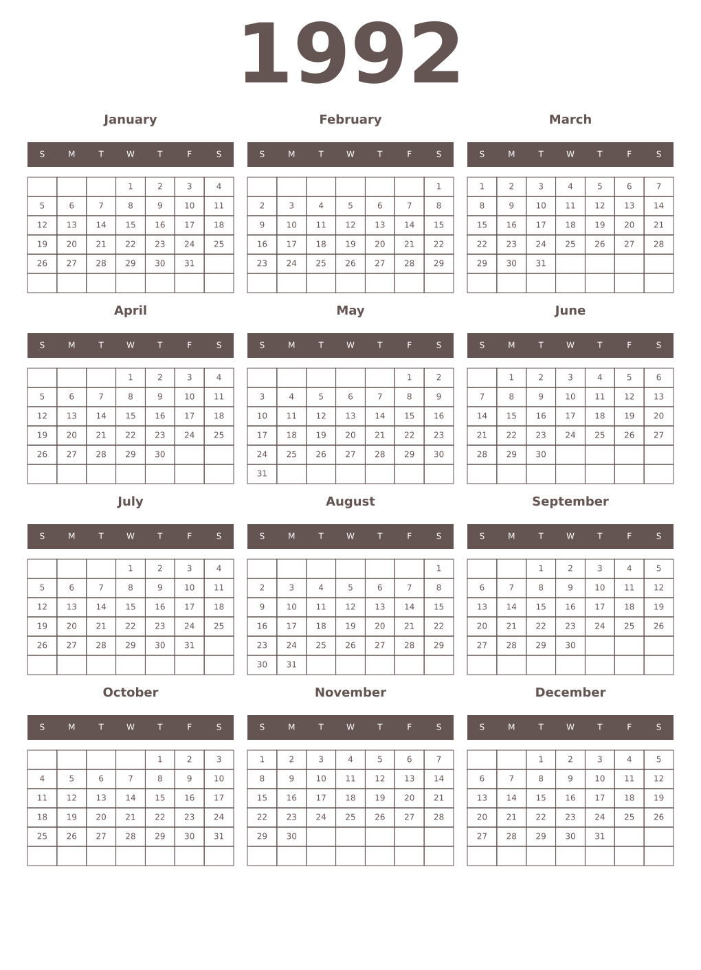 Printable 1992 Year Calendars wenge