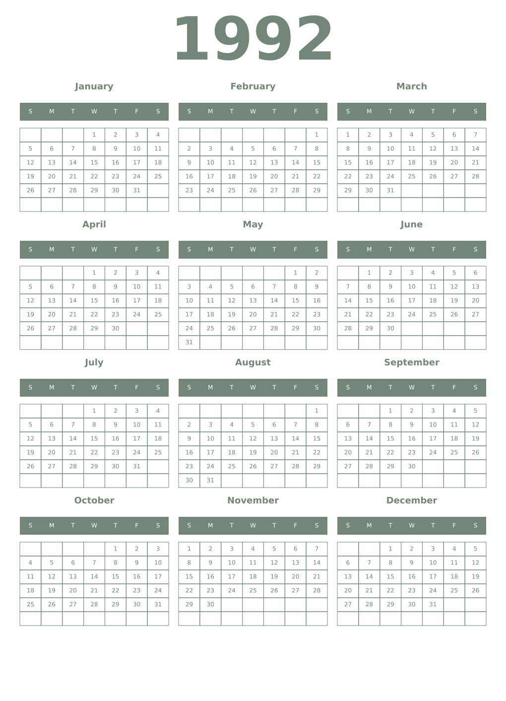 Printable 1992 Year Calendars xanadu