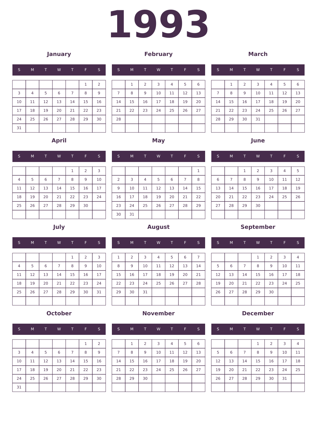 Printable 1993 Year Calendars aubergine