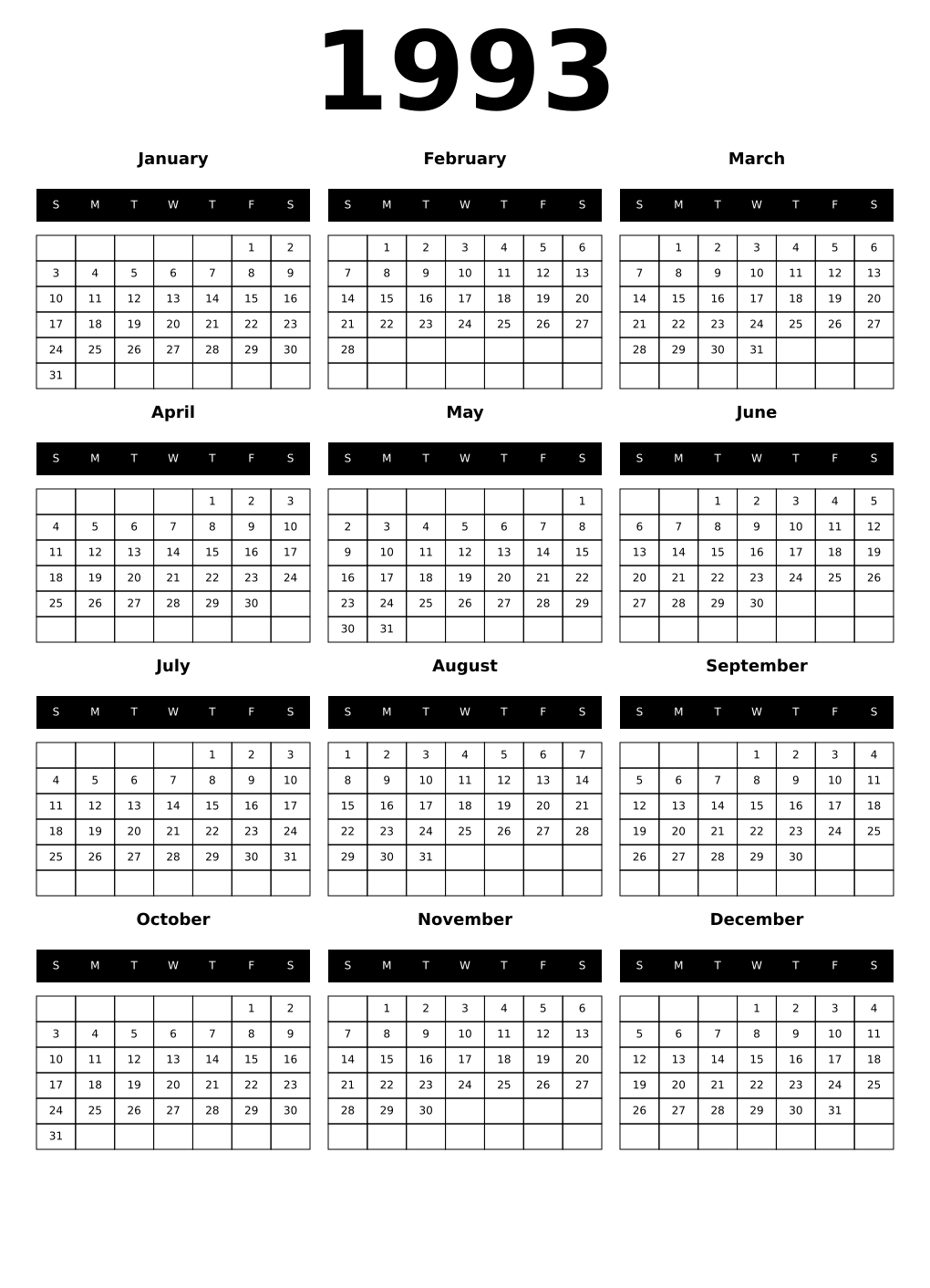 Printable 1993 Year Calendars black