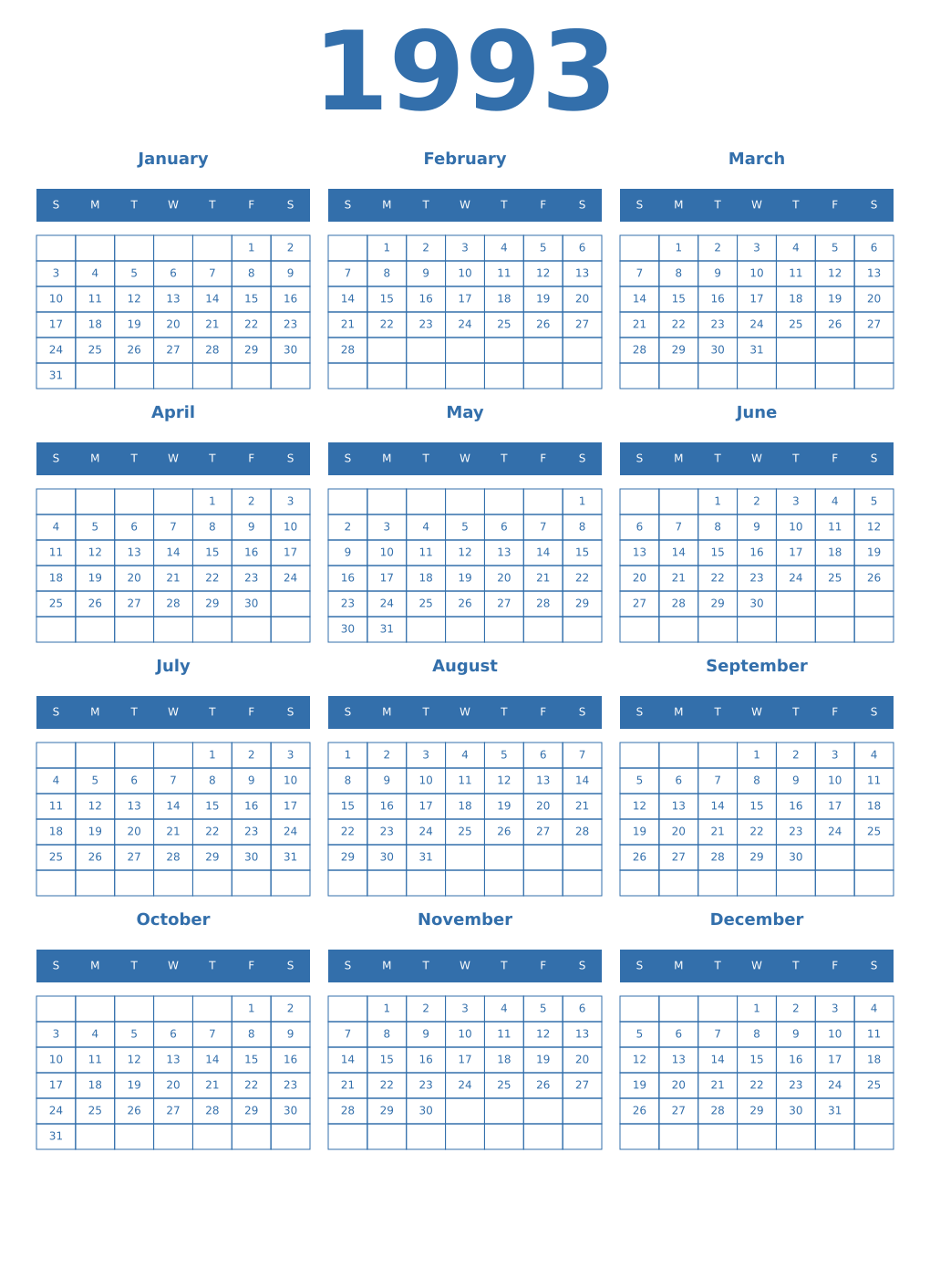 Printable 1993 Year Calendars blue
