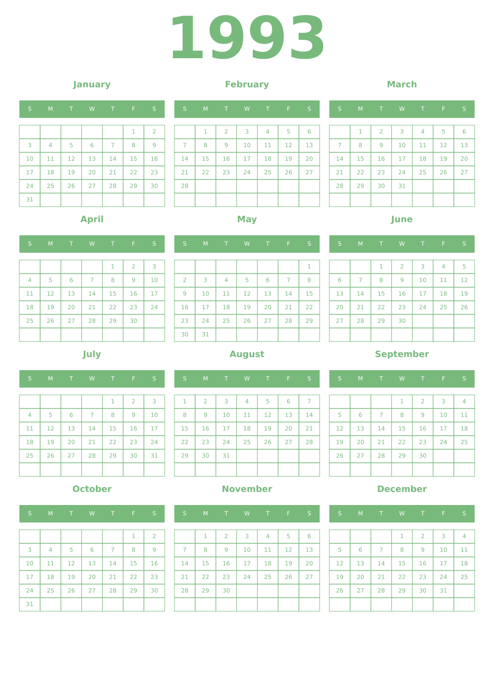 Printable 1993 Year Calendars celadon