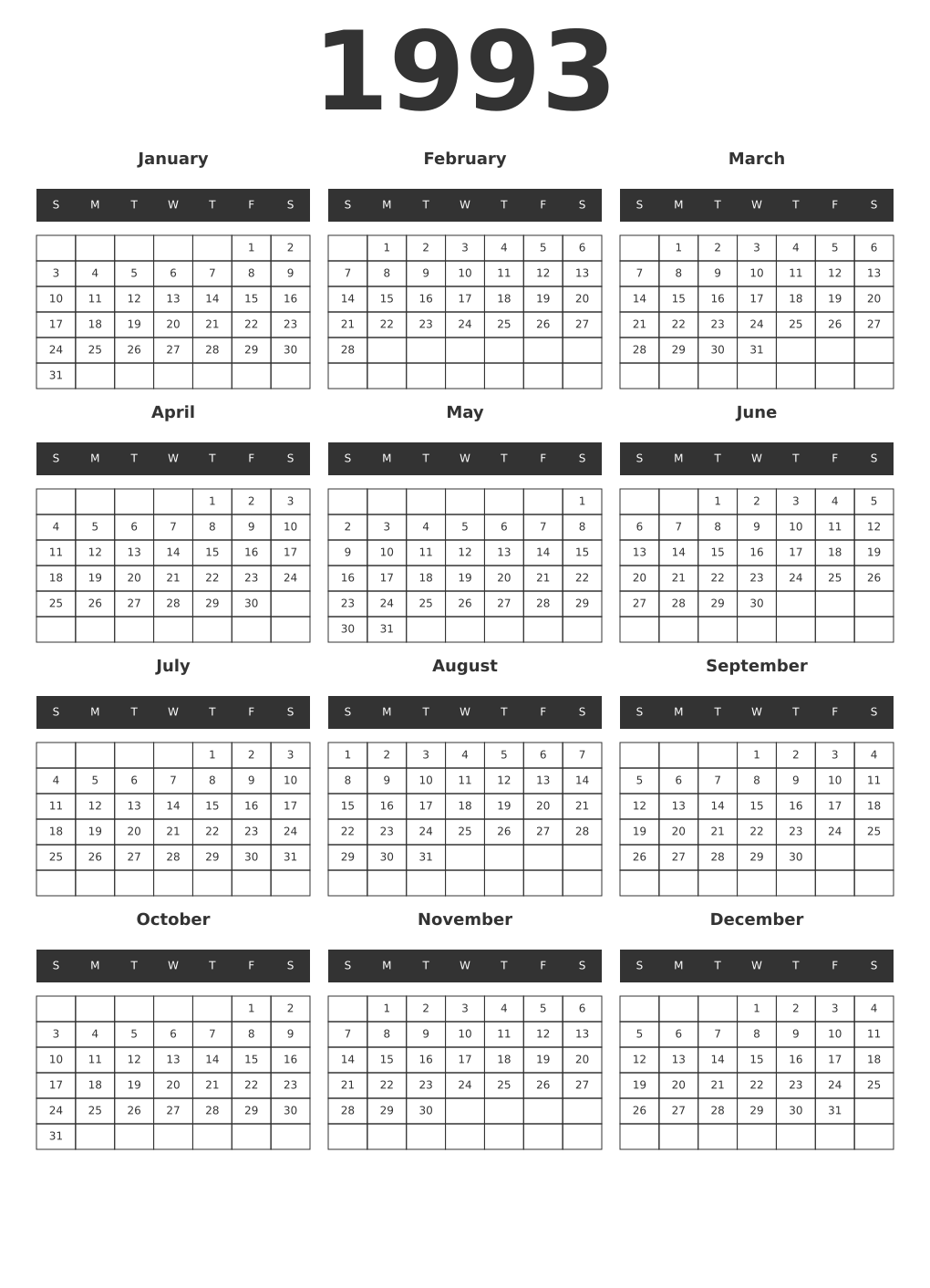 Printable 1993 Year Calendars dark