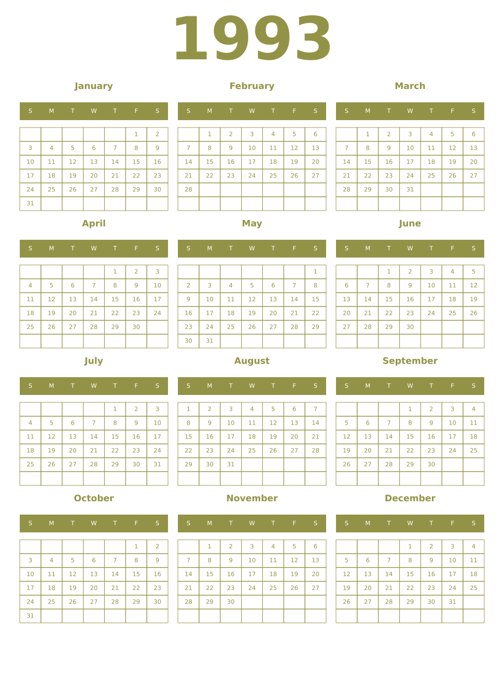 Printable 1993 Year Calendars eburnean