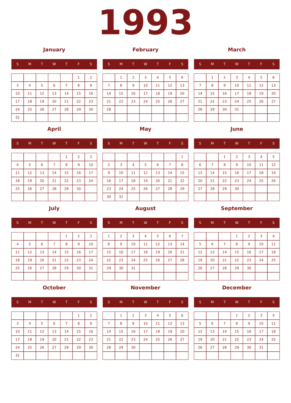 Printable 1993 Year Calendars falu
