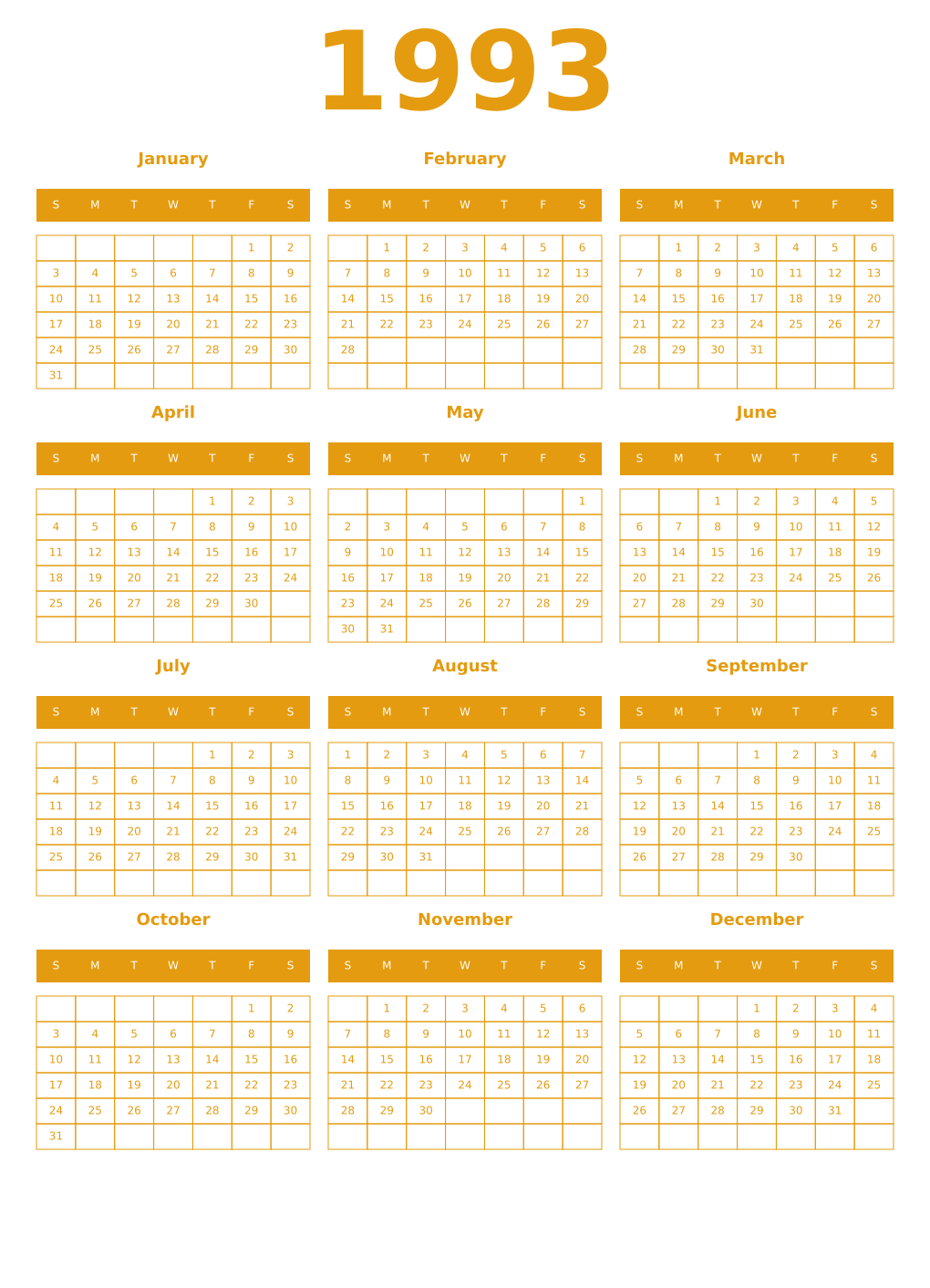 Printable 1993 Year Calendars gamboge
