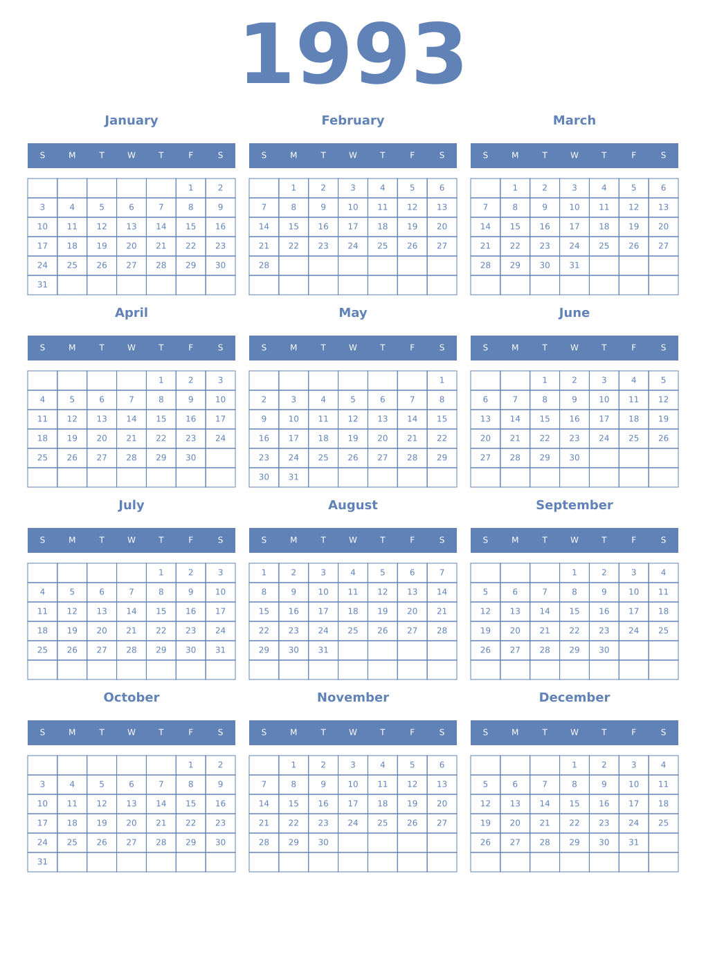 Printable 1993 Year Calendars glaucous