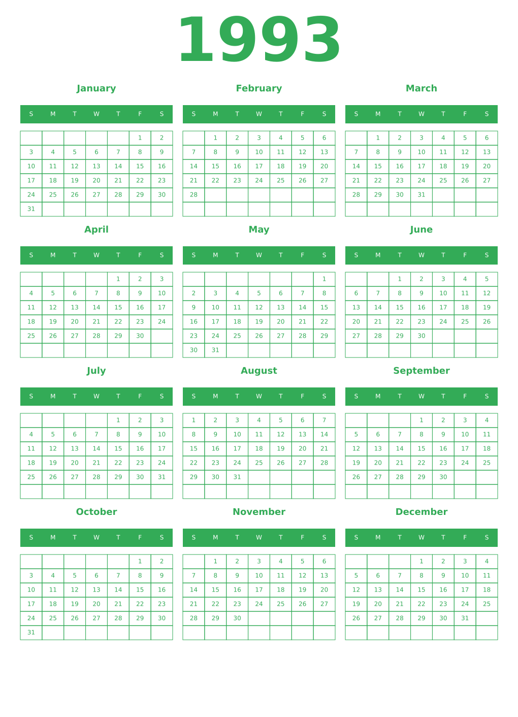 Printable 1993 Year Calendars green