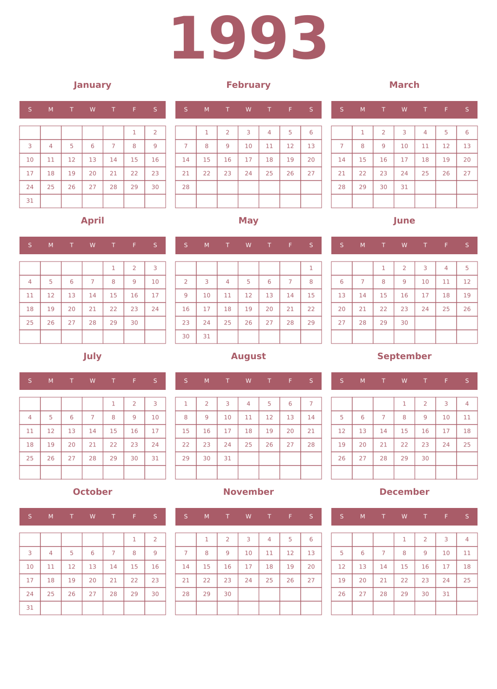 Printable 1993 Year Calendars puce