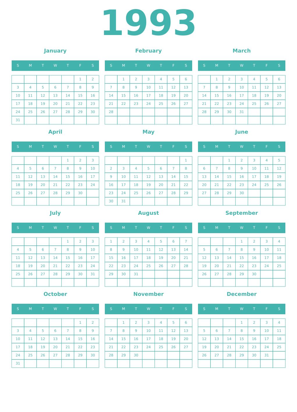 Printable 1993 Year Calendars verdigris