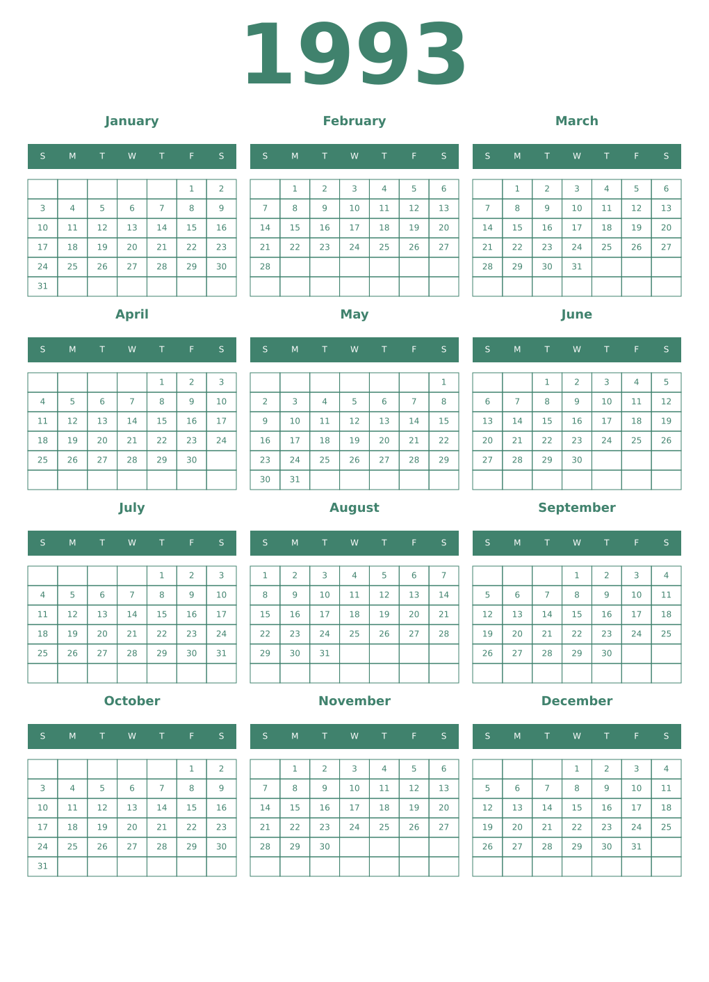 Printable 1993 Year Calendars viridian