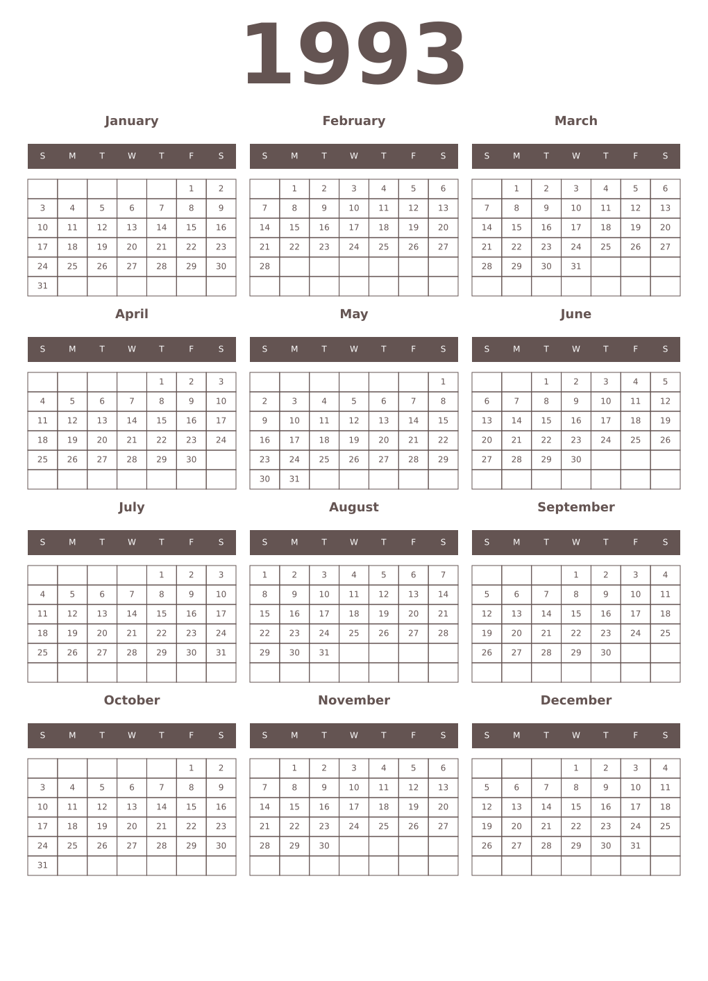 Printable 1993 Year Calendars wenge