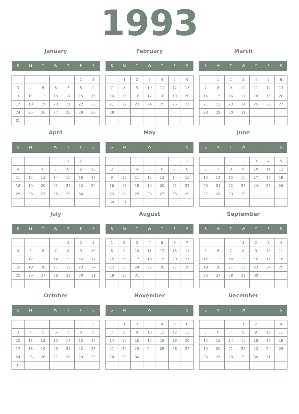 Printable 1993 Year Calendars xanadu
