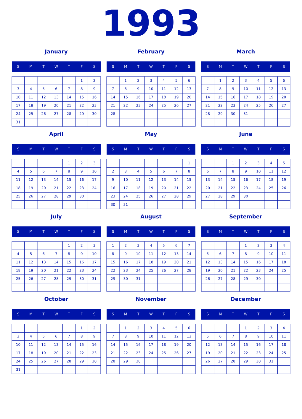 Printable 1993 Year Calendars zaffre
