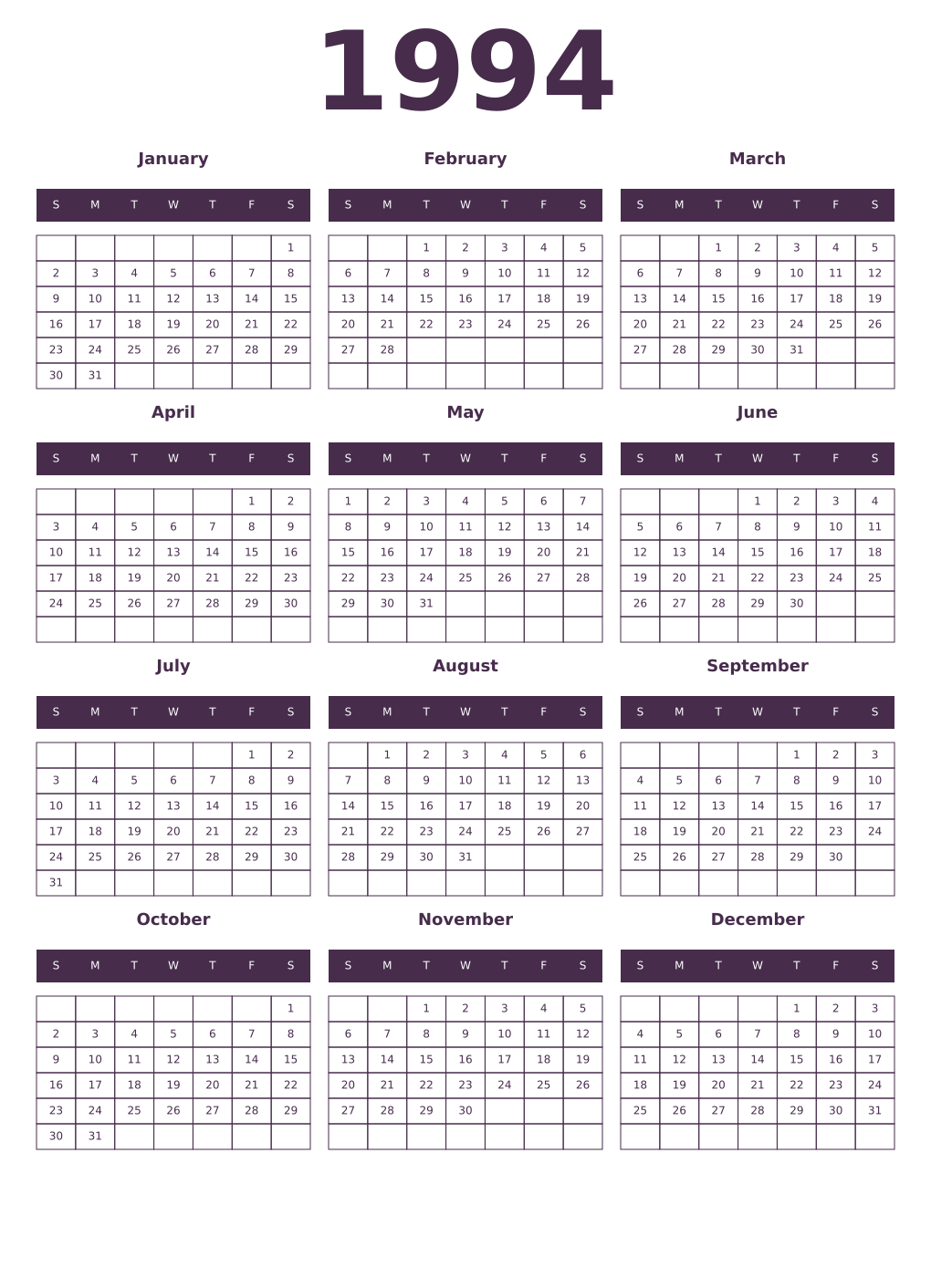 Printable 1994 Year Calendars aubergine