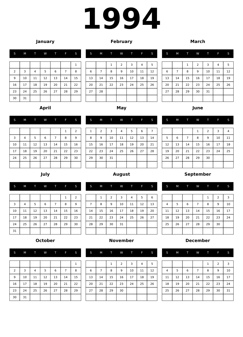 Printable 1994 Year Calendars black