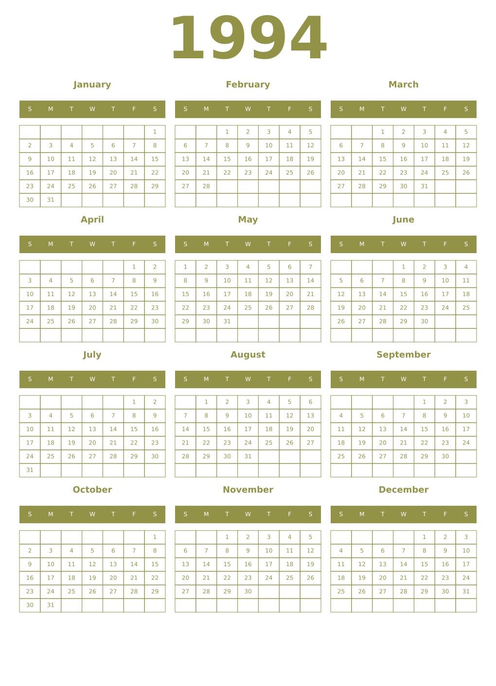 Printable 1994 Year Calendars eburnean