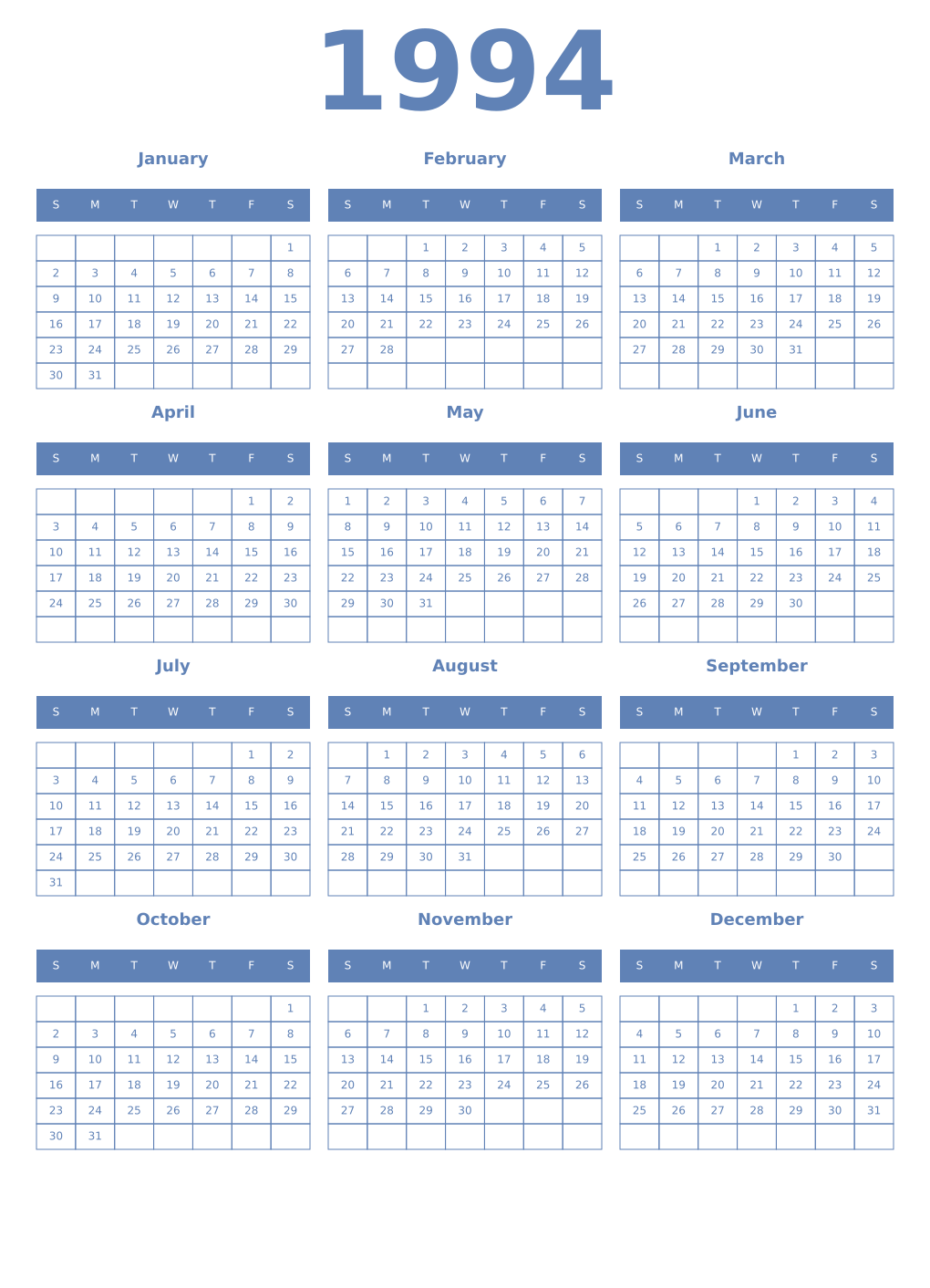 Printable 1994 Year Calendars glaucous