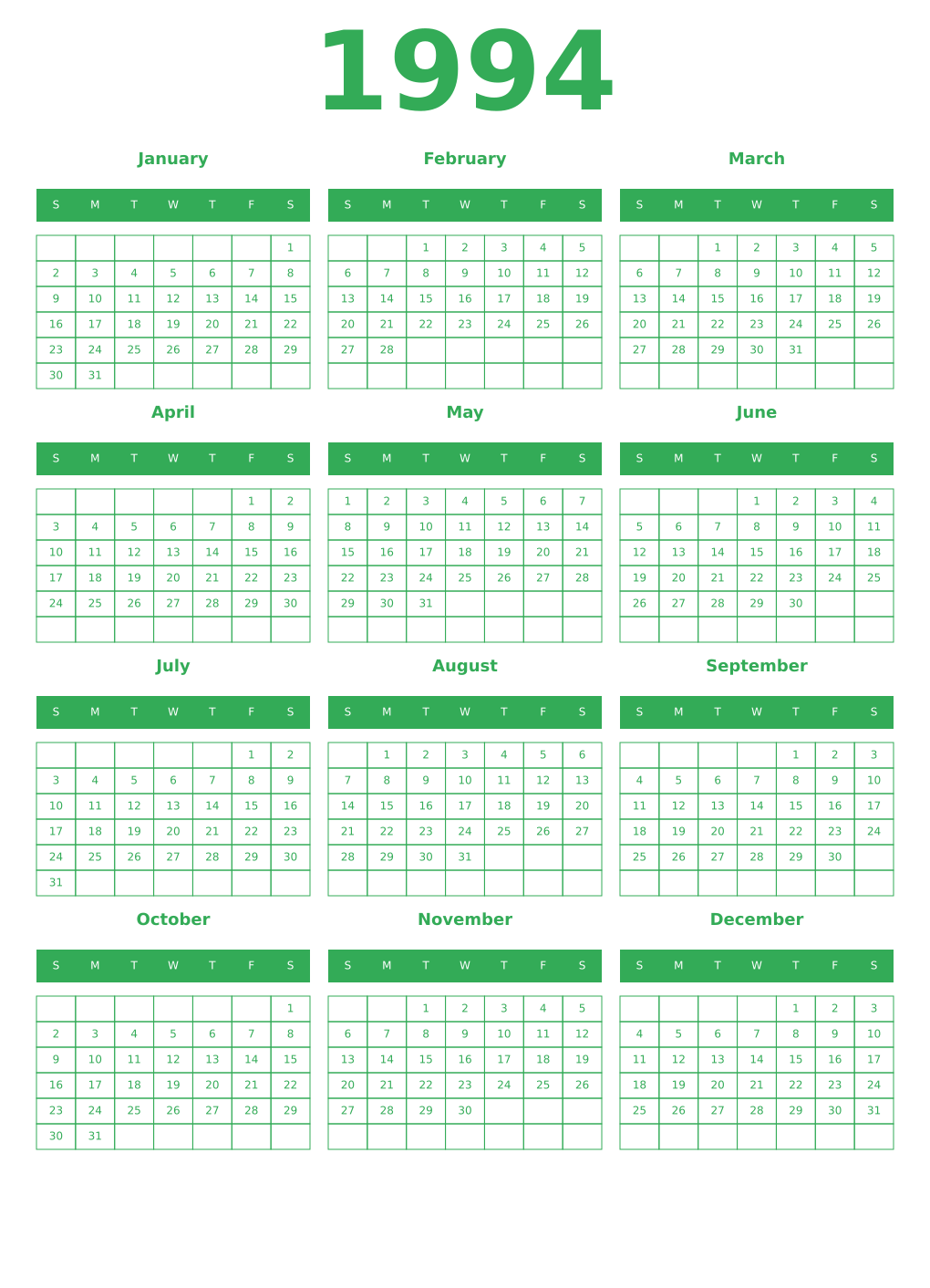 Printable 1994 Year Calendars green