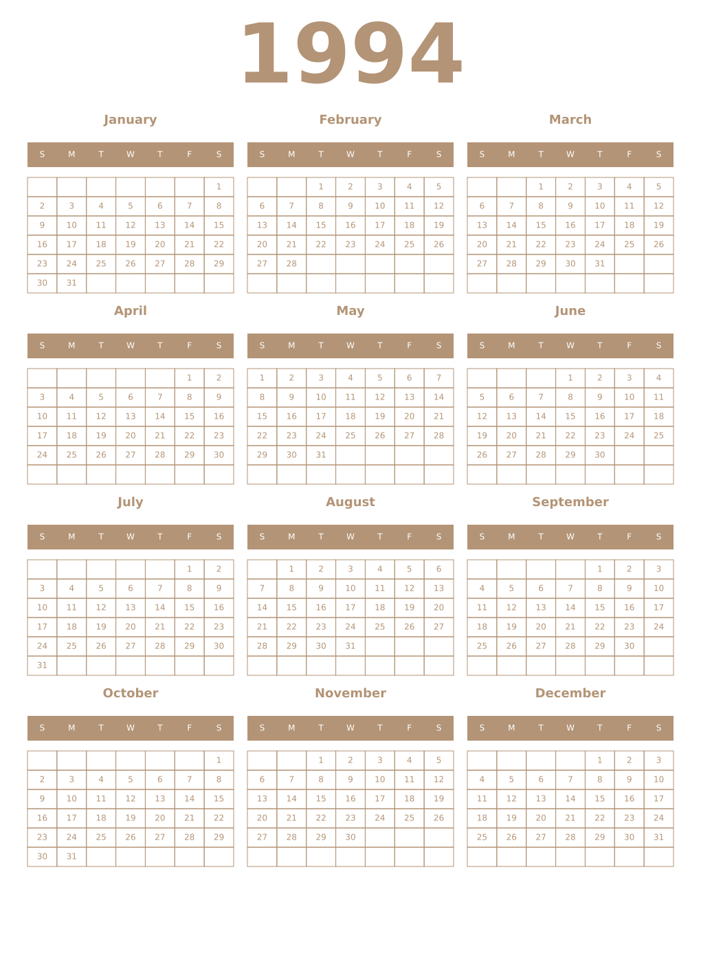 Printable 1994 Year Calendars isabelline
