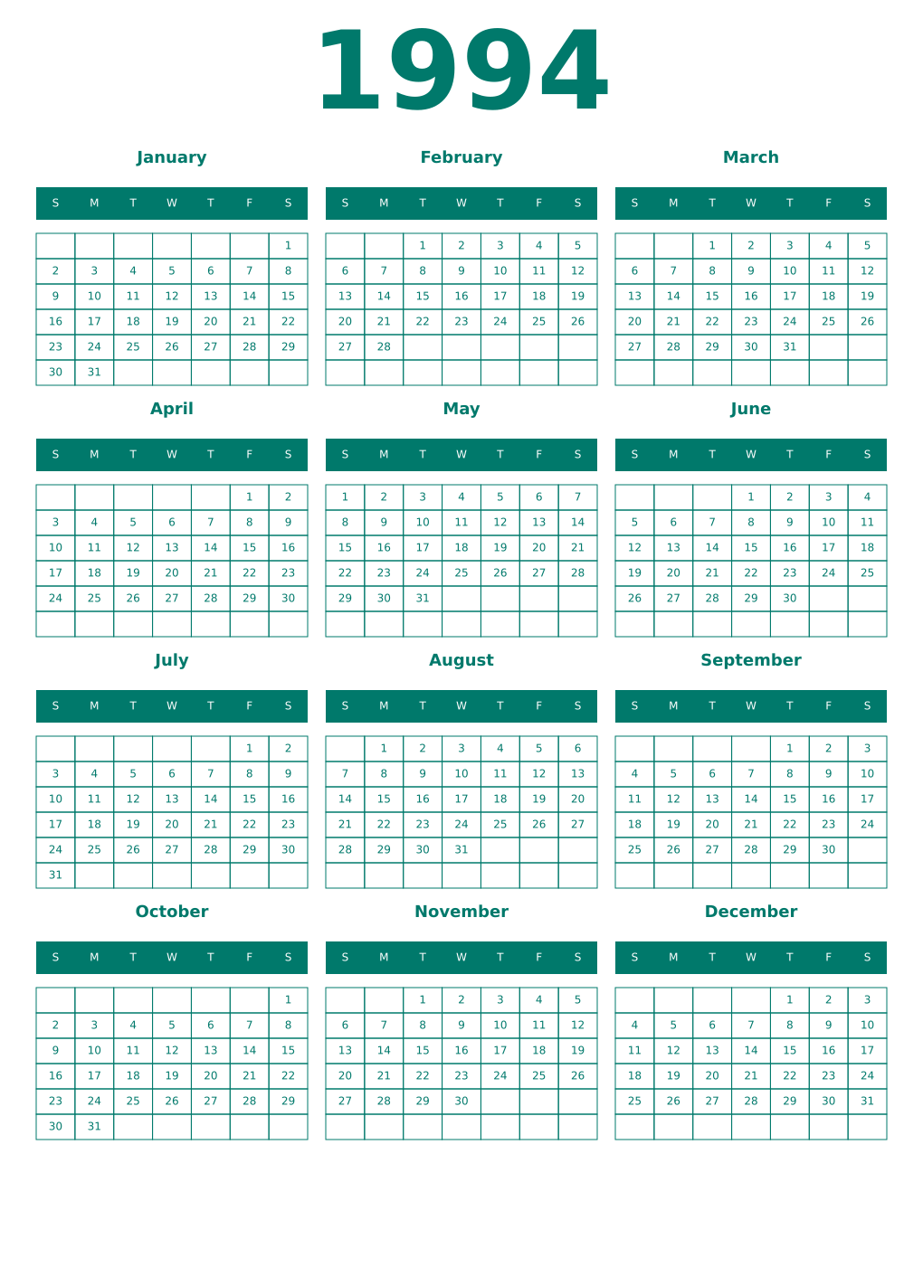 Printable 1994 Year Calendars pastel