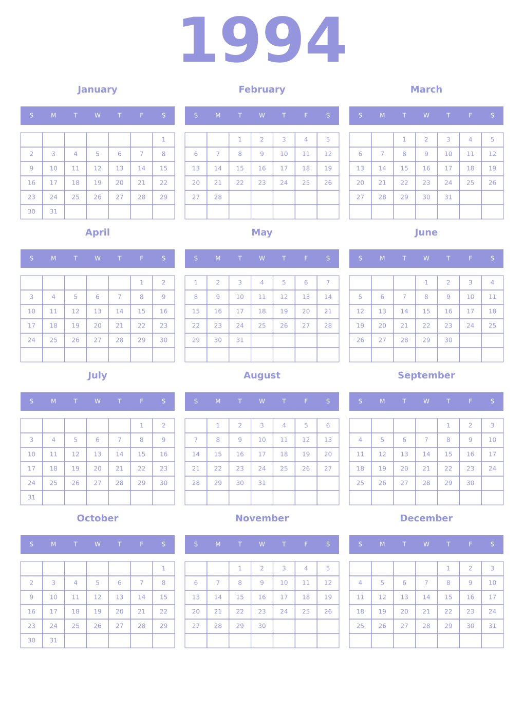 Printable 1994 Year Calendars periwinkle