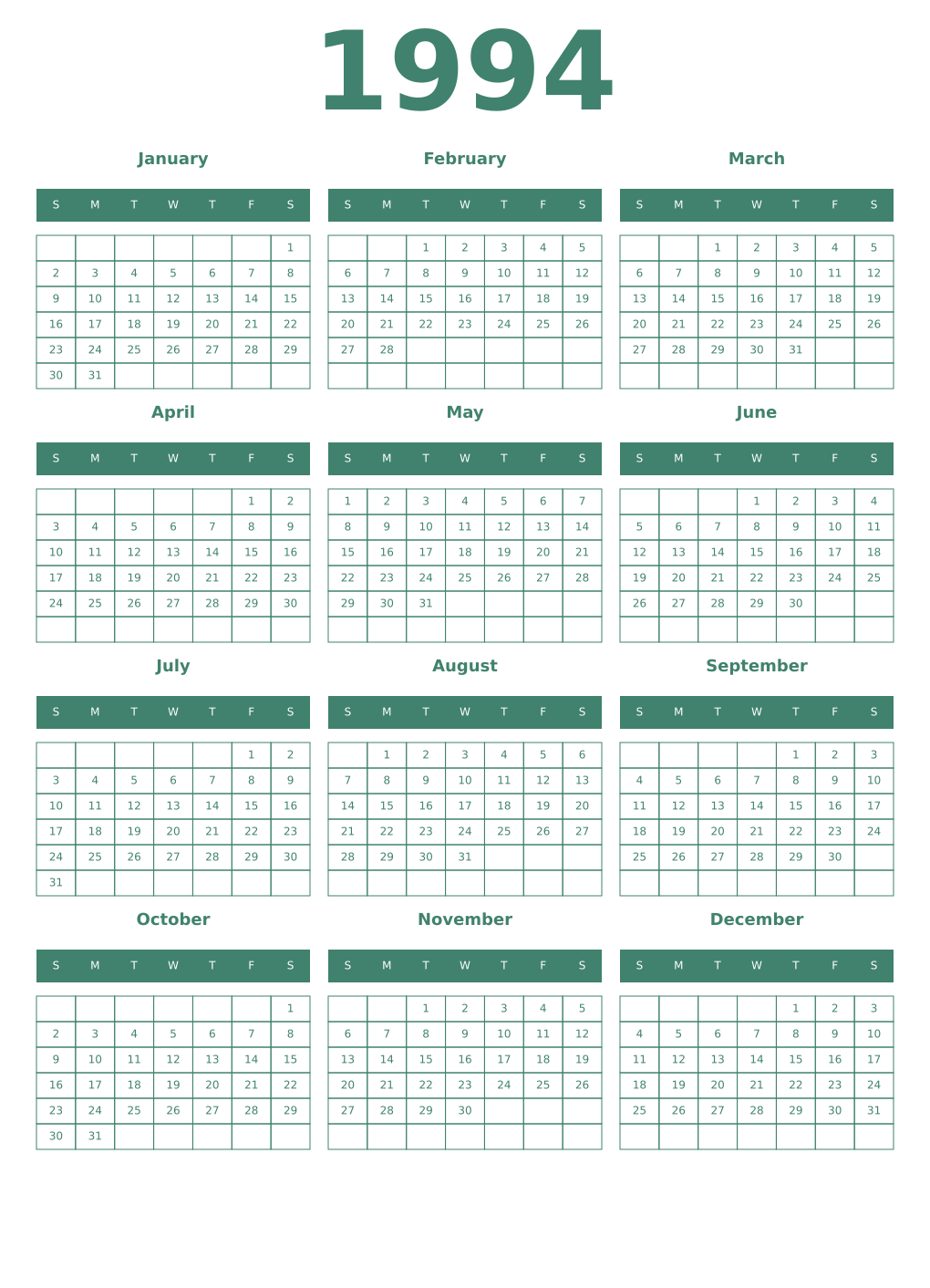 Printable 1994 Year Calendars viridian