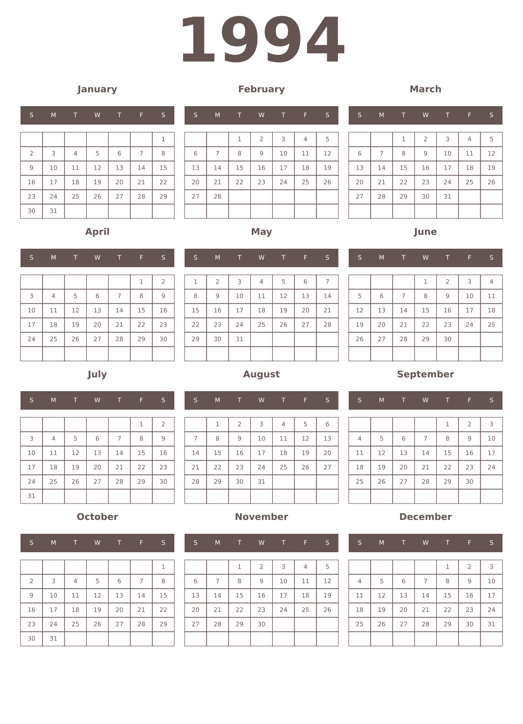 Printable 1994 Year Calendars wenge