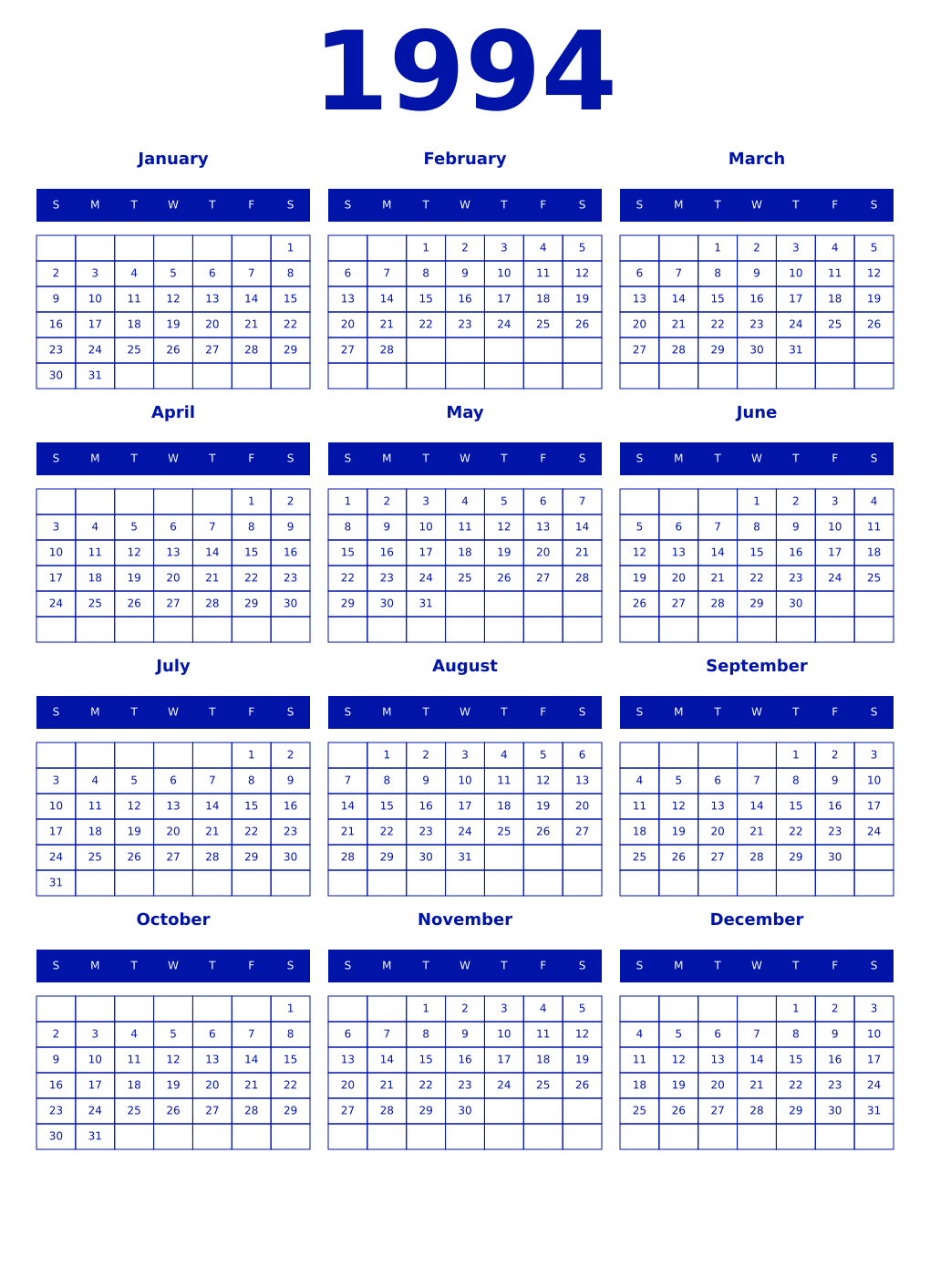 Printable 1994 Year Calendars zaffre