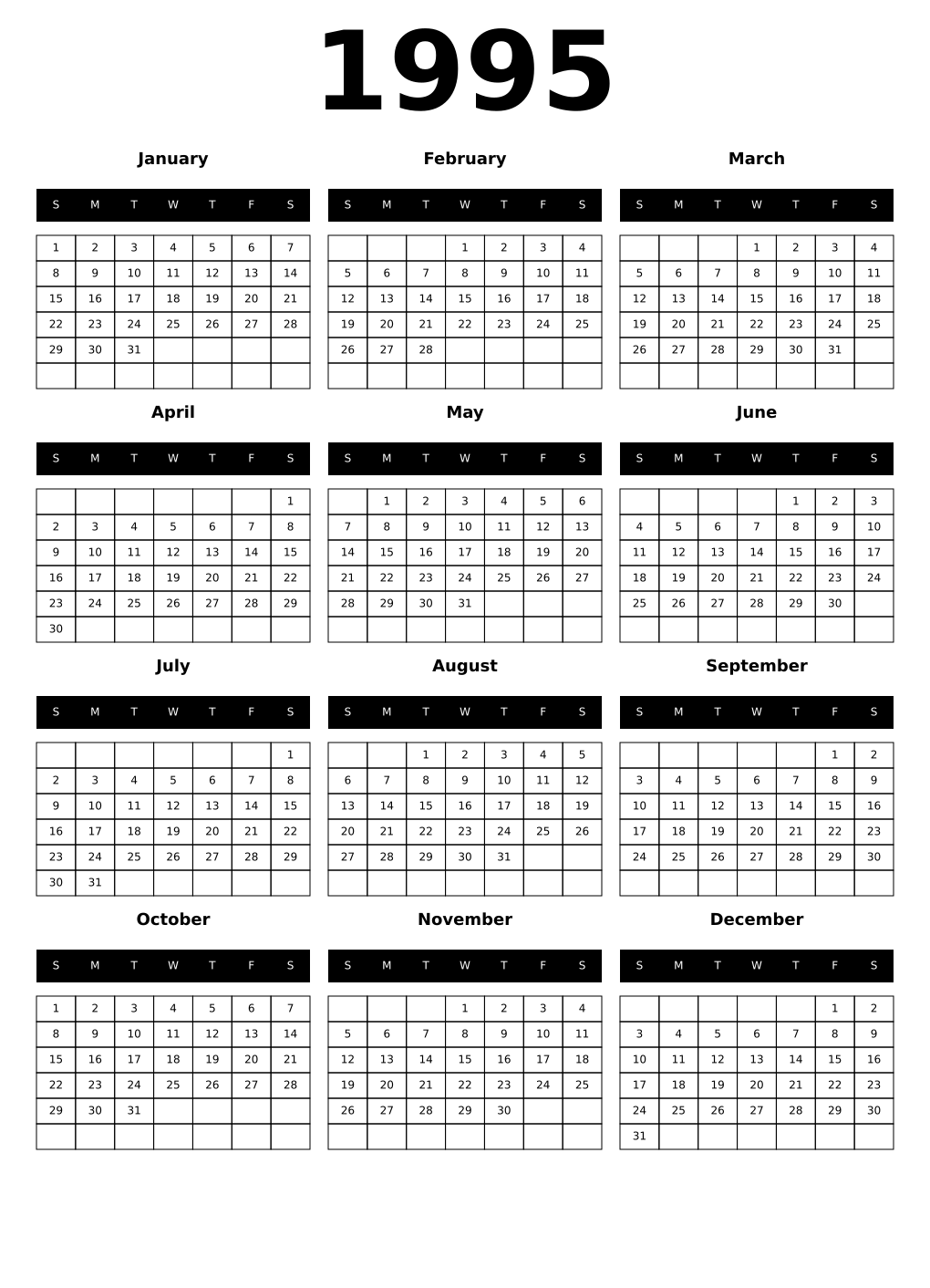 Printable 1995 Year Calendars black