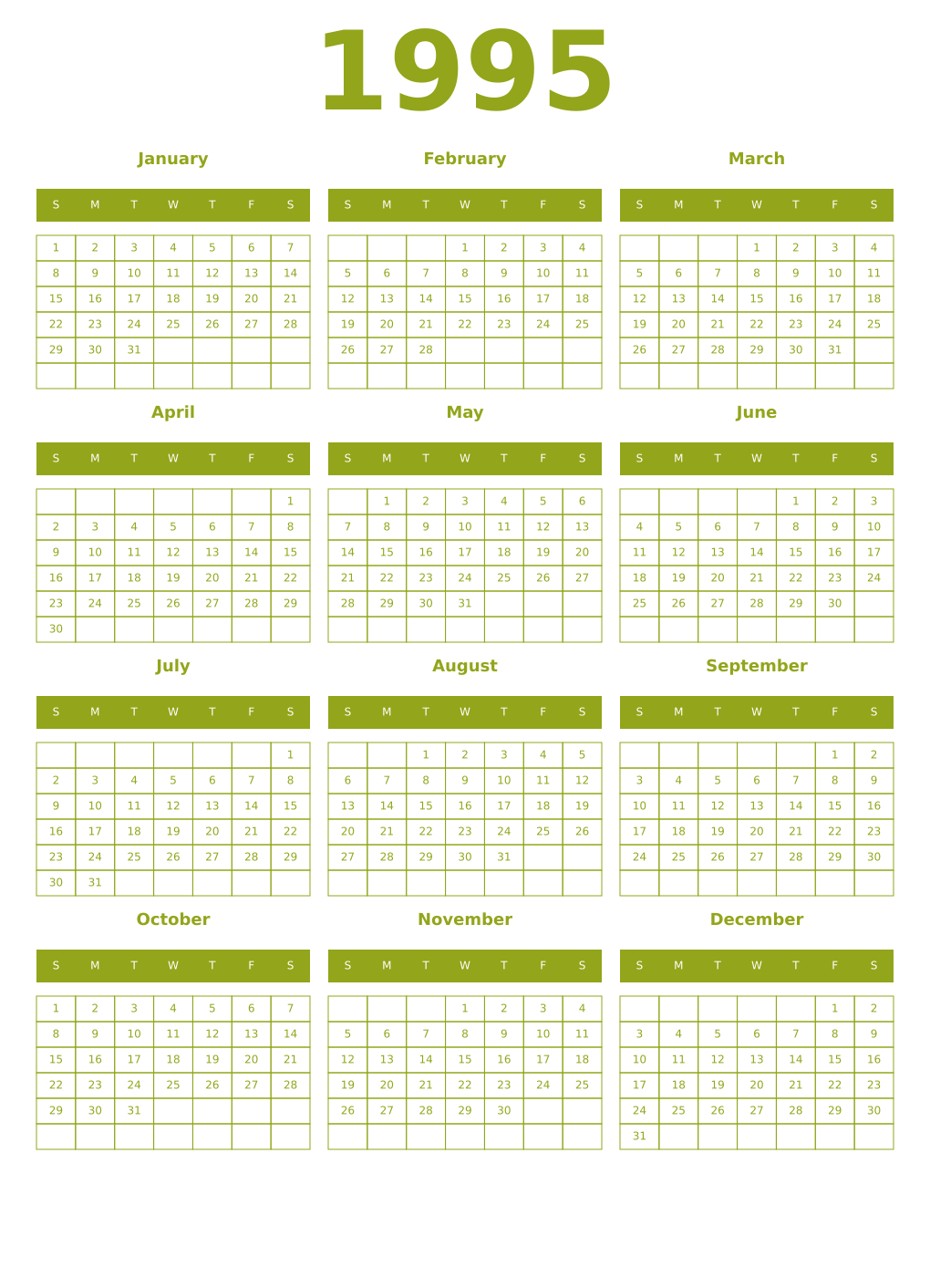 Printable 1995 Year Calendars chartreuse