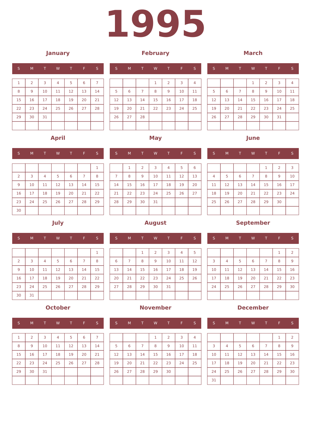 Printable 1995 Year Calendars cordovan