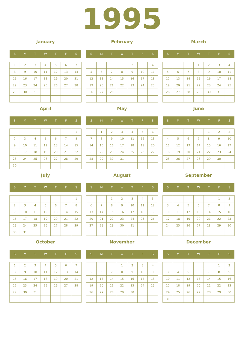 Printable 1995 Year Calendars eburnean