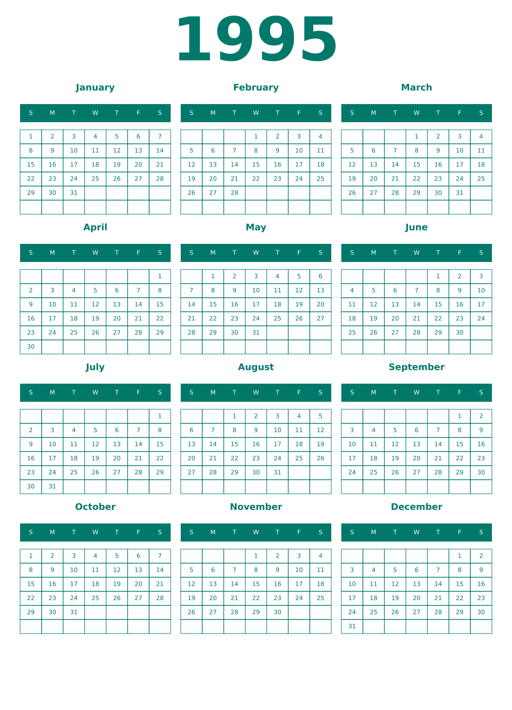 Printable 1995 Year Calendars pastel